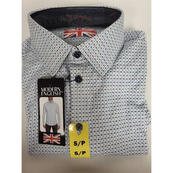 Modern English Shirt NWT Men’s Small Blue Brown Pattern Button Up - Picture 1 of 2